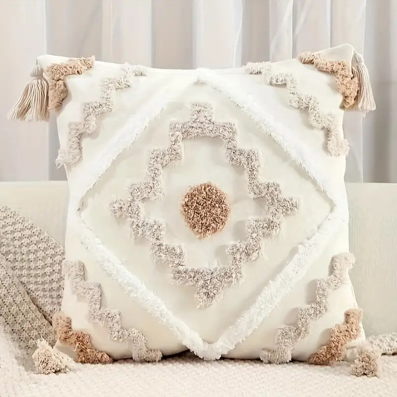 Throw Pillow Cover Cotton Canvas Tufted Tassels