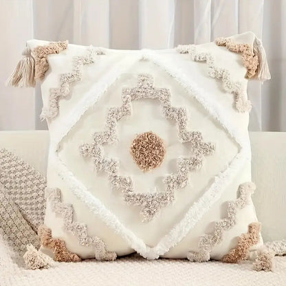 Throw Pillow Cover Cotton Canvas Tufted Tassels