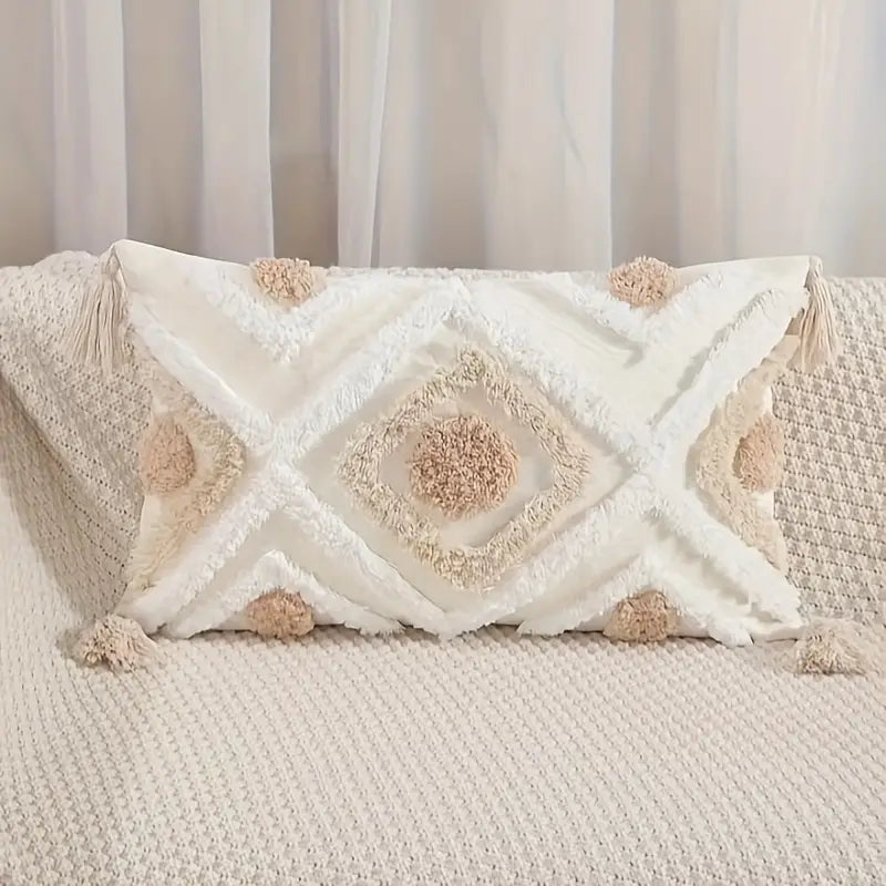 Throw Pillow Cover Cotton Canvas Tufted Tassels