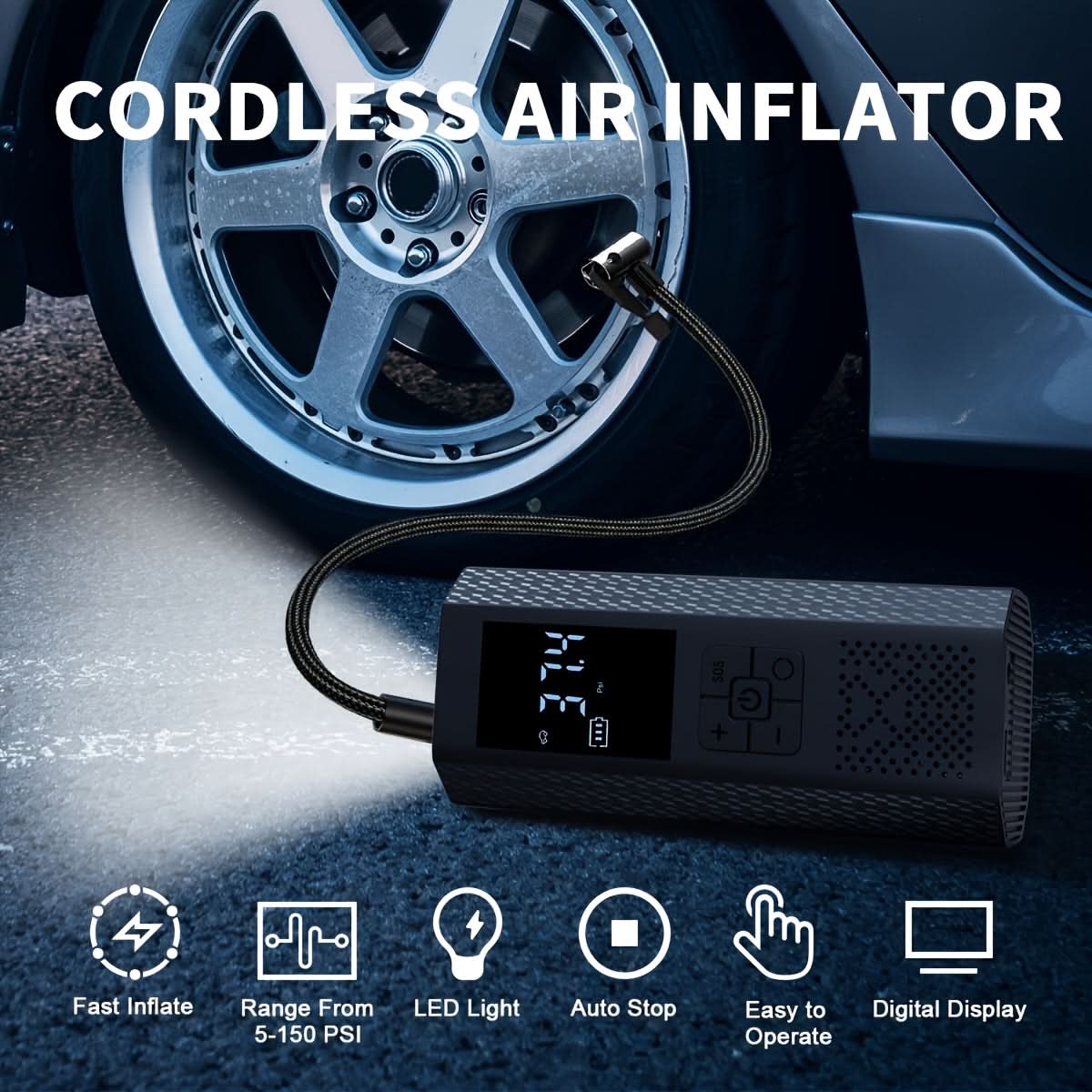 Tire Inflator Cordless USB Rechargeable 150 PSI Digital Display