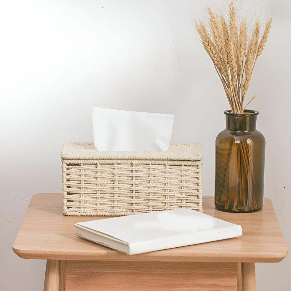 Tissue Box Handwoven Rattan With Leather Accents