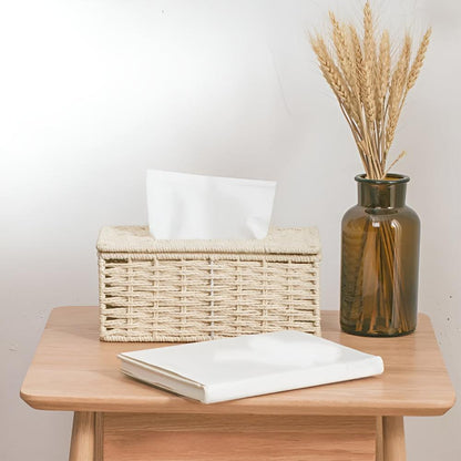 Tissue Box Handwoven Rattan With Leather Accents