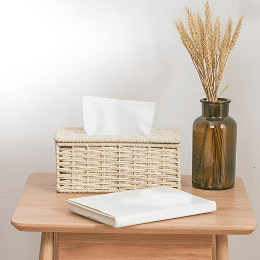Tissue Box Handwoven Rattan With Leather Accents