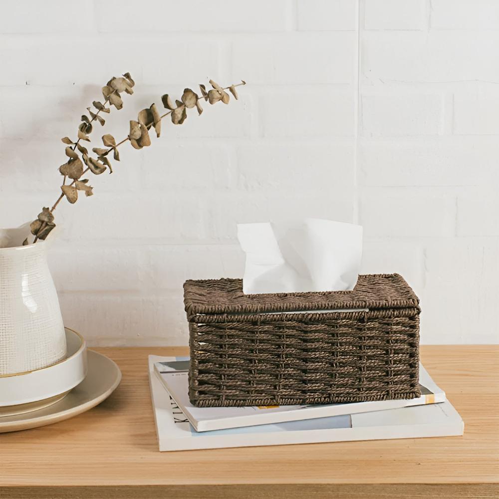 Tissue Box Handwoven Rattan With Leather Accents