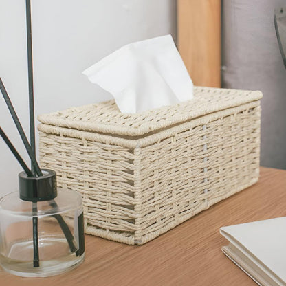 Tissue Box Handwoven Rattan With Leather Accents