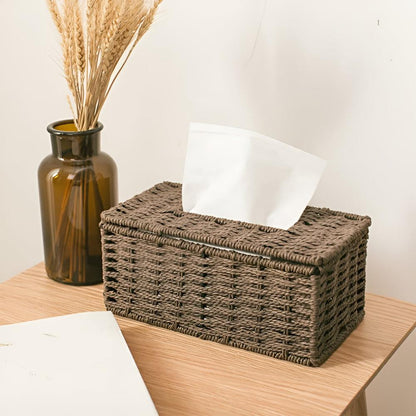 Tissue Box Handwoven Rattan With Leather Accents
