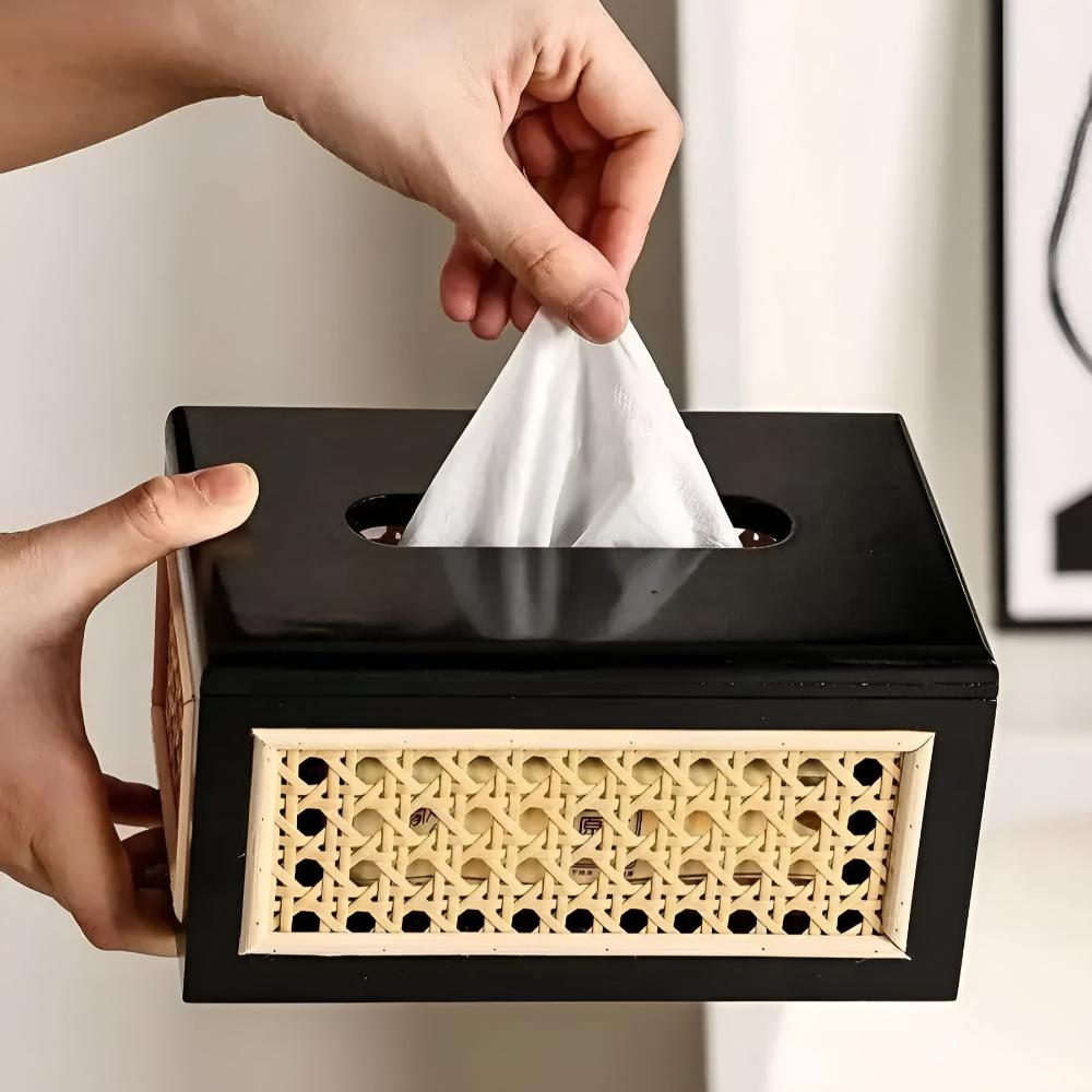 Tissue Box Minimalist Japandi Rattan Solid Wood Lid