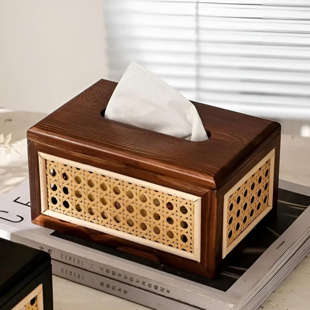 Tissue Box Minimalist Japandi Rattan Solid Wood Lid