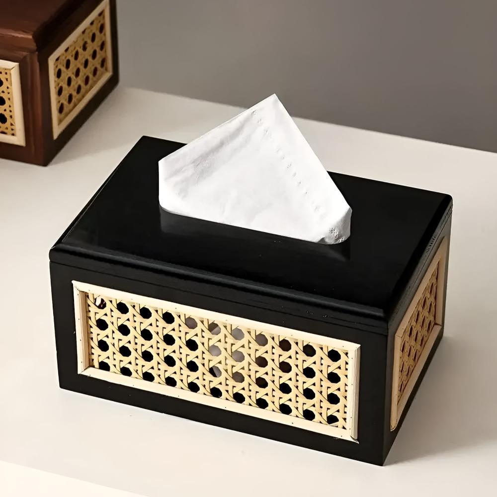 Tissue Box Minimalist Japandi Rattan Solid Wood Lid