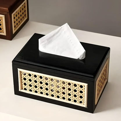 Tissue Box Minimalist Japandi Rattan Solid Wood Lid