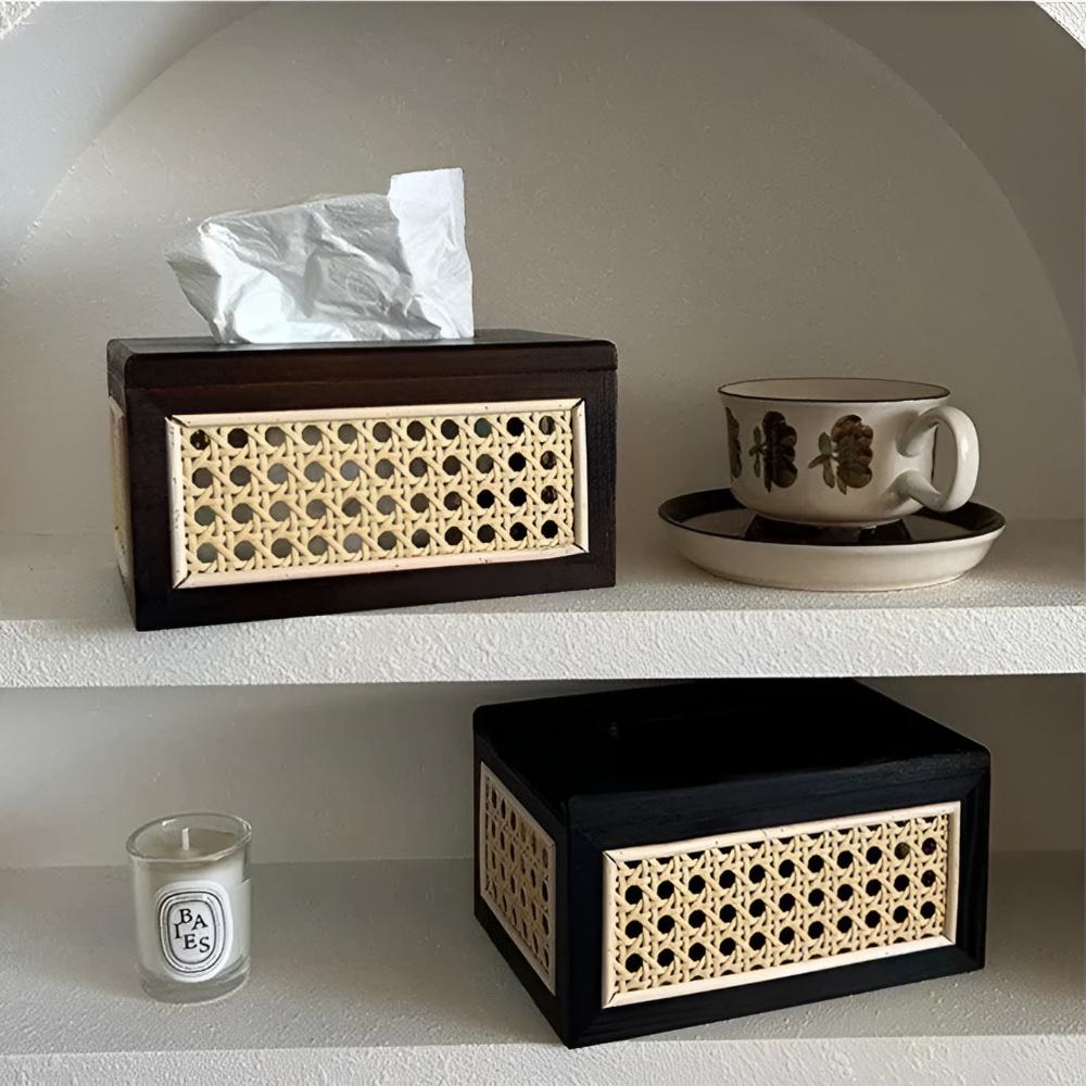 Tissue Box Minimalist Japandi Rattan Solid Wood Lid