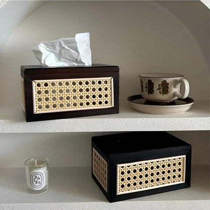 Tissue Box Minimalist Japandi Rattan Solid Wood Lid