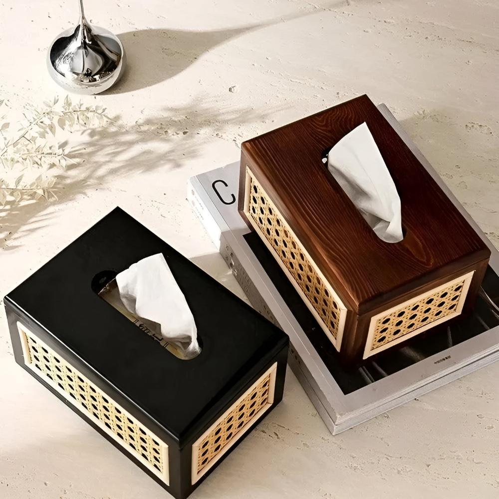 Tissue Box Minimalist Japandi Rattan Solid Wood Lid