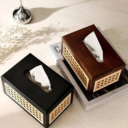 Tissue Box Minimalist Japandi Rattan Solid Wood Lid