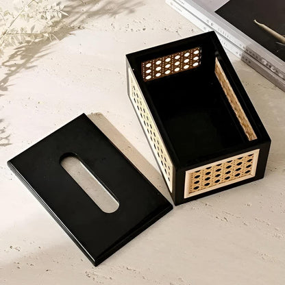 Tissue Box Minimalist Japandi Rattan Solid Wood Lid