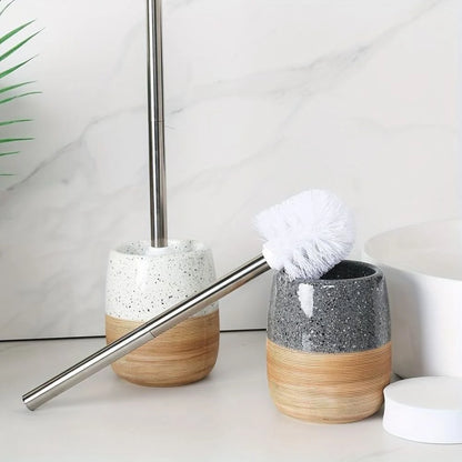 Toilet Brush & Holder Wood-Look Ceramic Base Drip-Proof