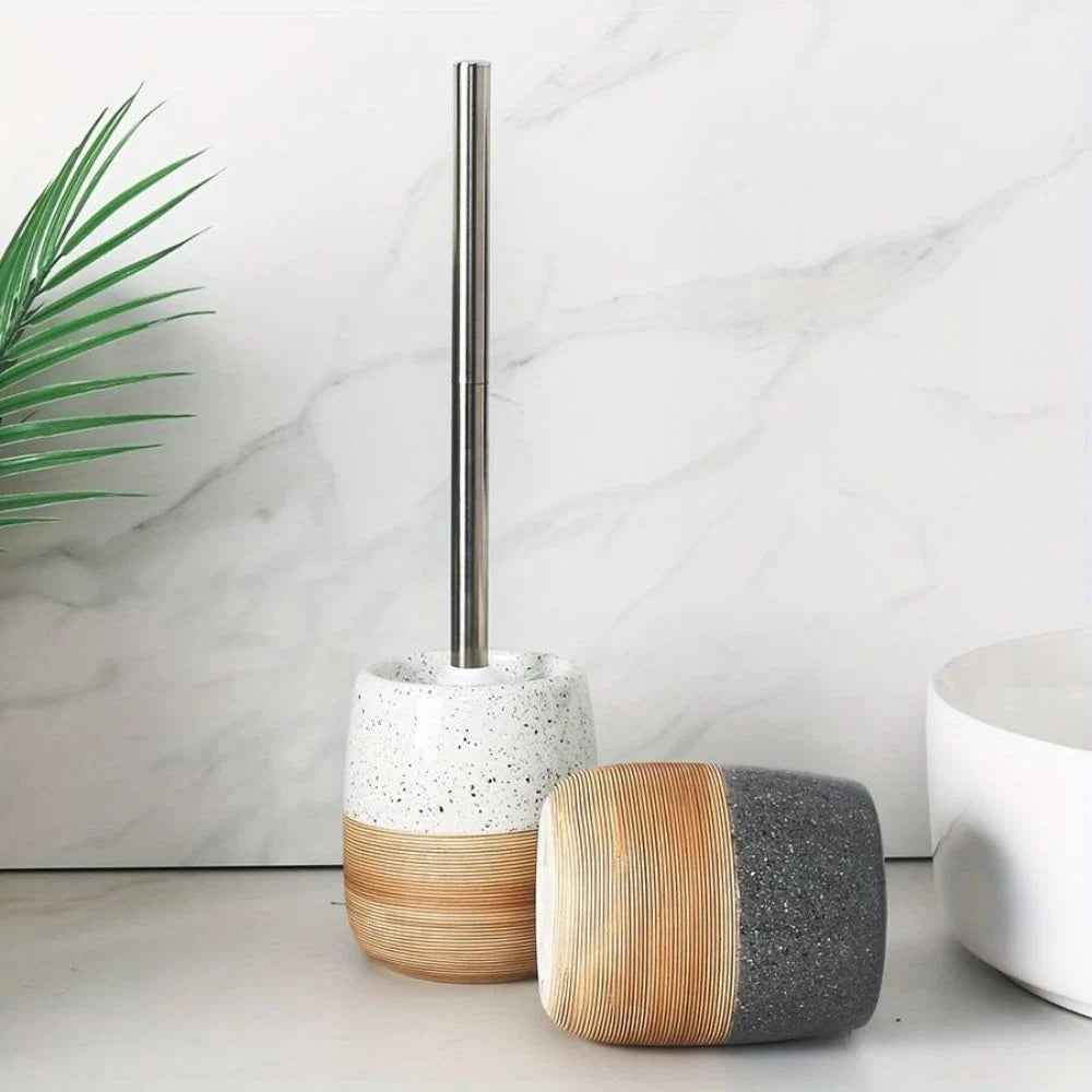 Toilet Brush & Holder Wood-Look Ceramic Base Drip-Proof