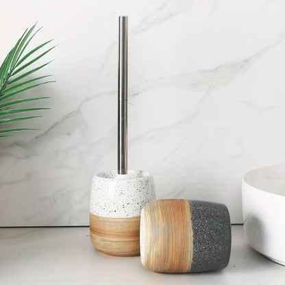 Toilet Brush & Holder Wood-Look Ceramic Base Drip-Proof