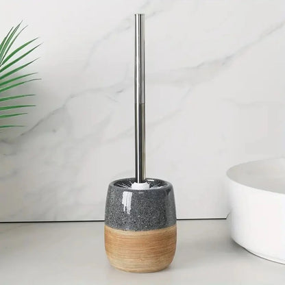 Toilet Brush & Holder Wood-Look Ceramic Base Drip-Proof