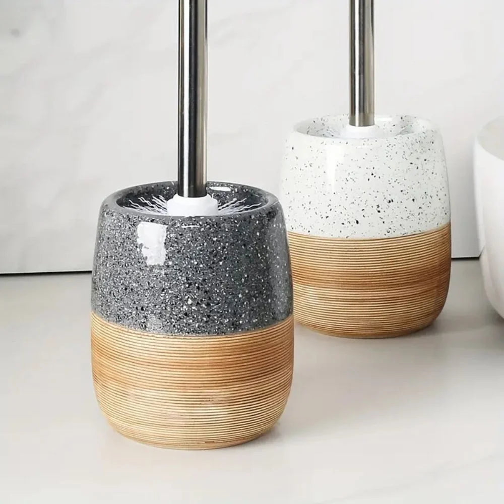 Toilet Brush & Holder Wood-Look Ceramic Base Drip-Proof