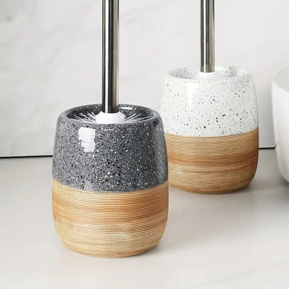 Toilet Brush & Holder Wood-Look Ceramic Base Drip-Proof