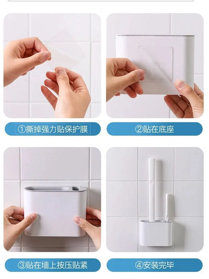 Toilet Brush Set Flat Silicone Head Non-Stick Ventilated Holder
