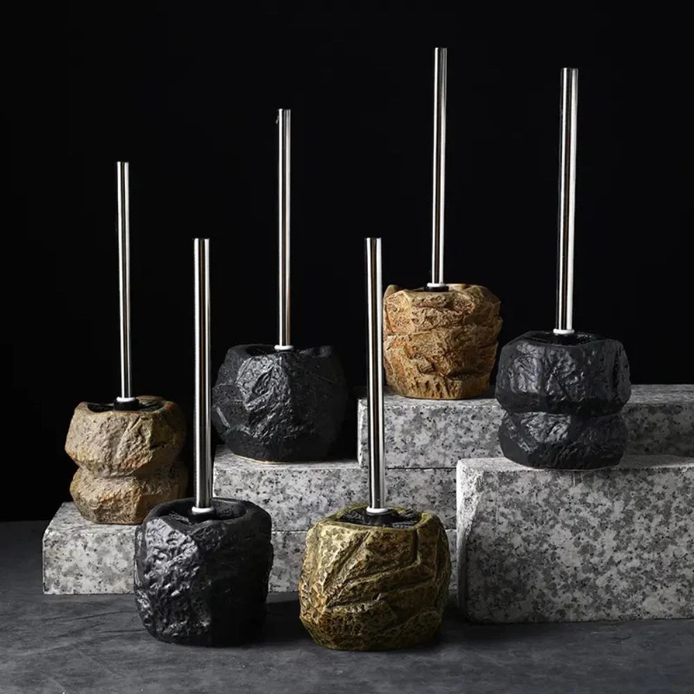 Toilet Brush Stone-Inspired Ceramic Holder Removable Handle