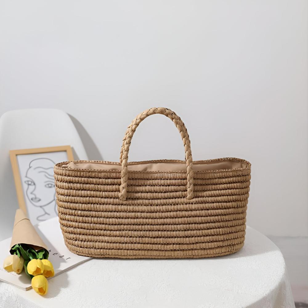 Tote Bag Handmade Straw Drawstring Pouch & Dual Handles