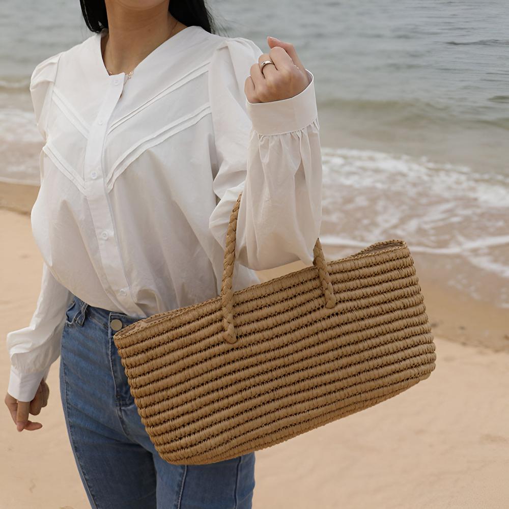 Tote Bag Handmade Straw Drawstring Pouch & Dual Handles
