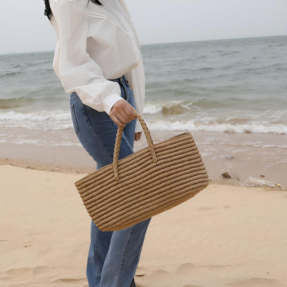Tote Bag Handmade Straw Drawstring Pouch & Dual Handles