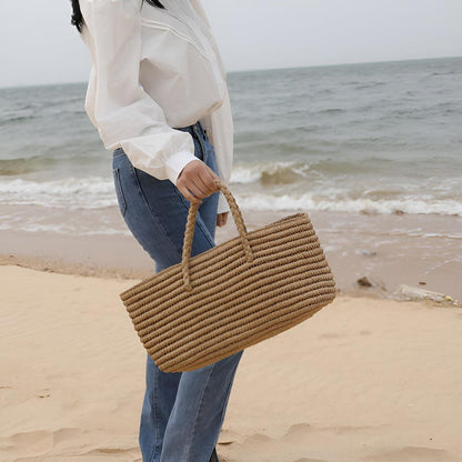Tote Bag Handmade Straw Drawstring Pouch & Dual Handles