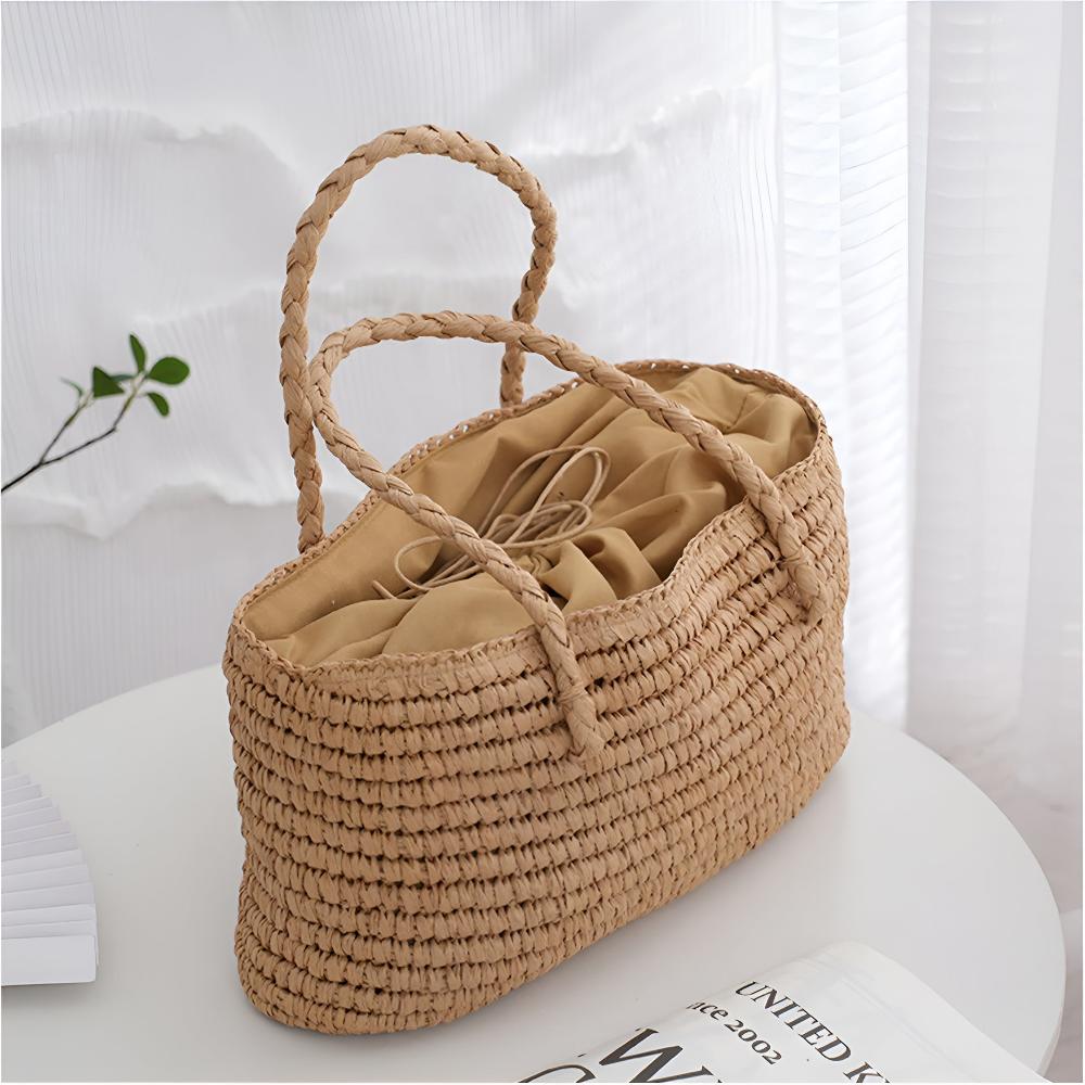 Tote Bag Handmade Straw Drawstring Pouch & Dual Handles