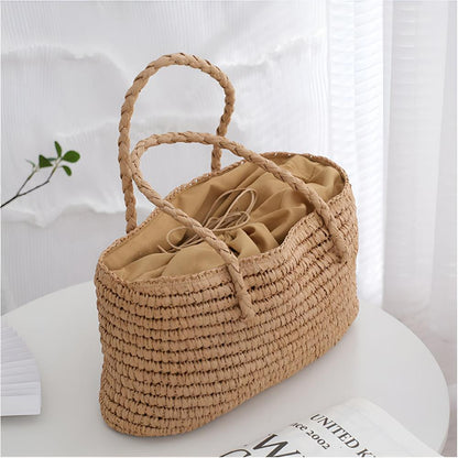 Tote Bag Handmade Straw Drawstring Pouch & Dual Handles