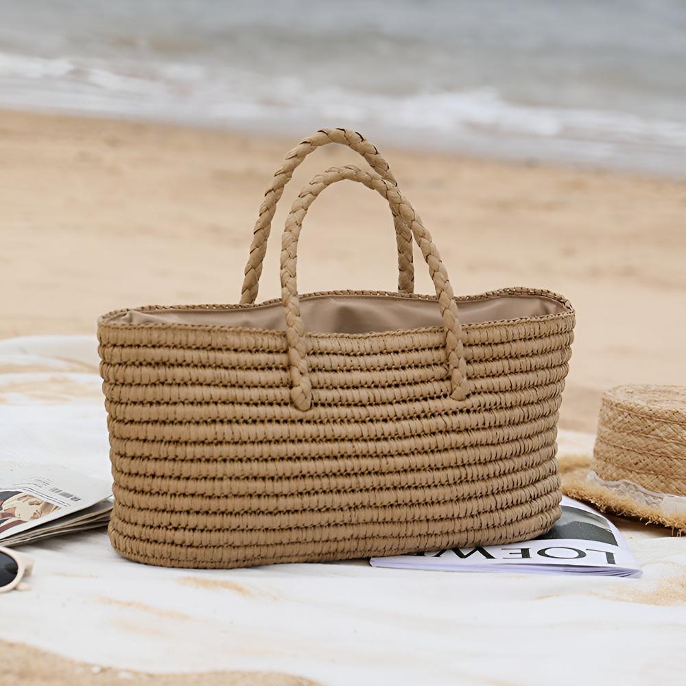 Tote Bag Handmade Straw Drawstring Pouch & Dual Handles