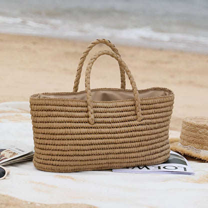 Tote Bag Handmade Straw Drawstring Pouch & Dual Handles