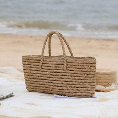 Tote Bag Handmade Straw Drawstring Pouch & Dual Handles