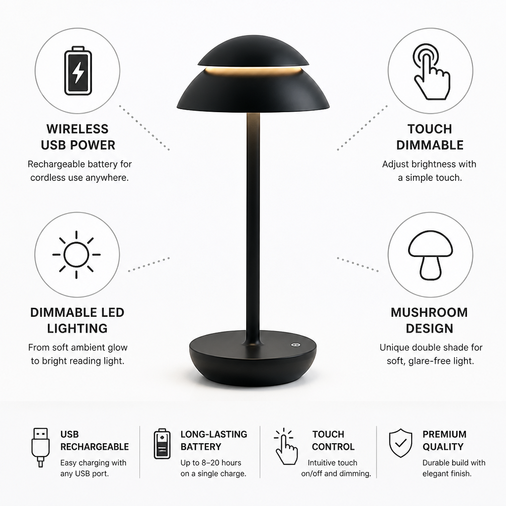 Touch-Dimmable USB Rechargeable Mushroom Table Lamp