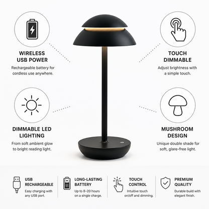 Touch-Dimmable USB Rechargeable Mushroom Table Lamp