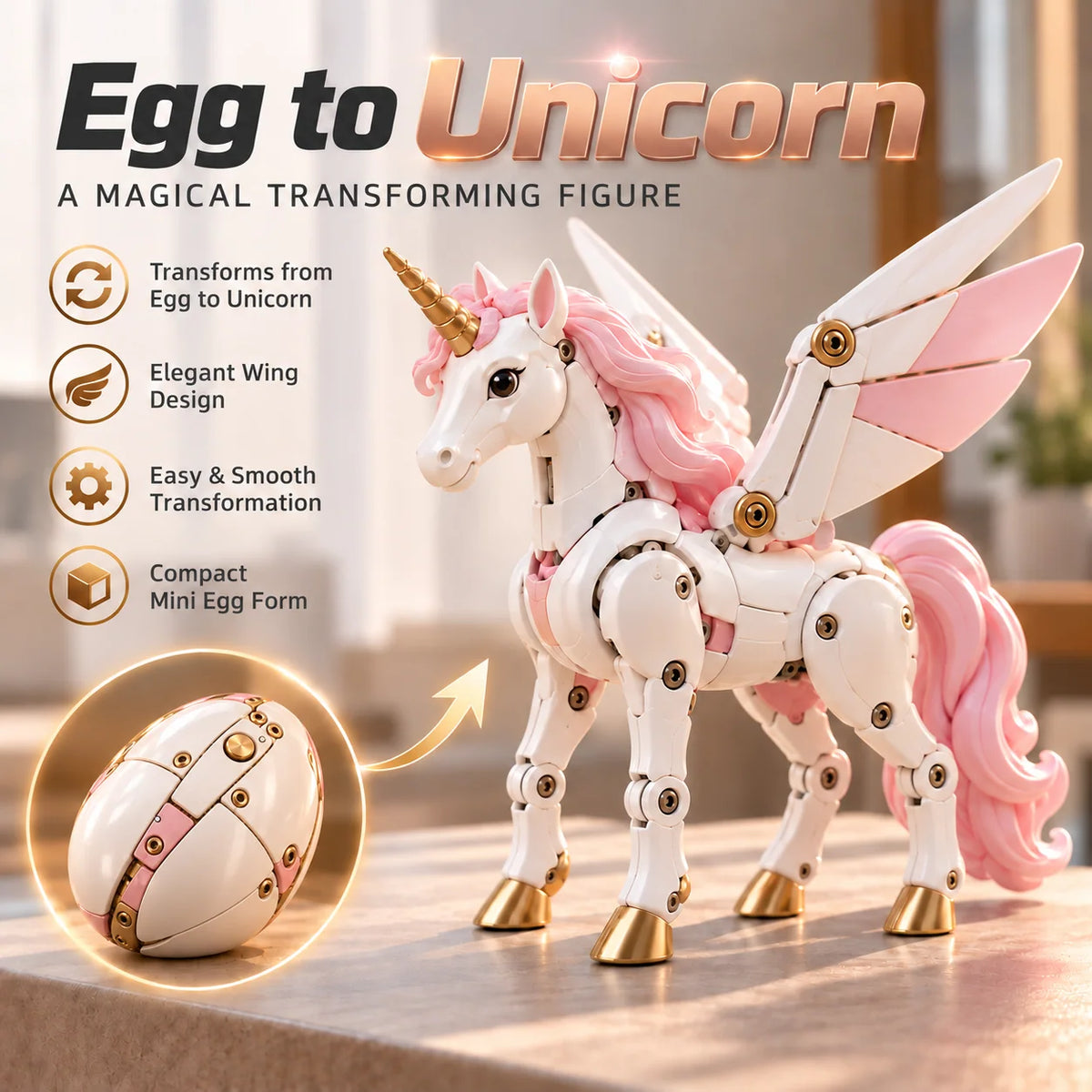 Transforming Unicorn Figure Egg-to-Unicorn Mechanical Wings