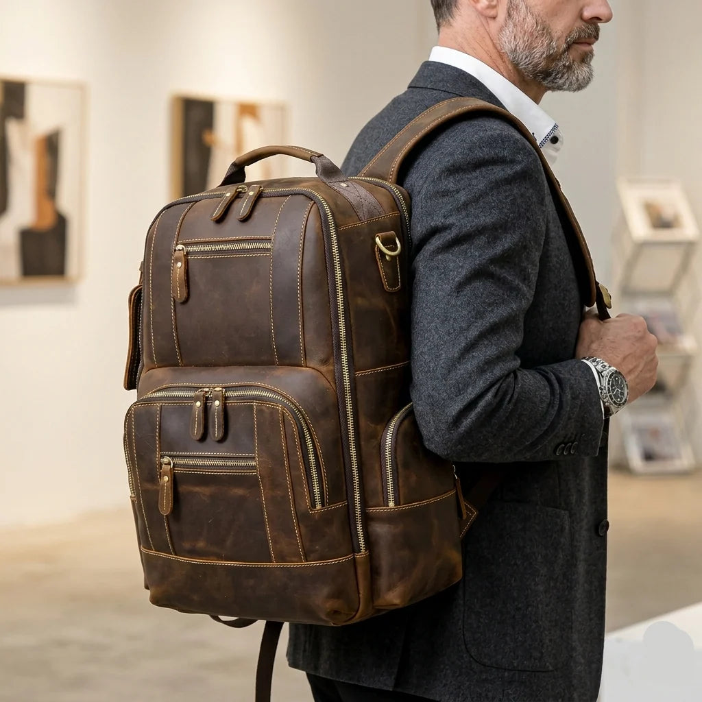 Travel Backpack Full-Grain Leather Fits 15.6-Inch Laptop
