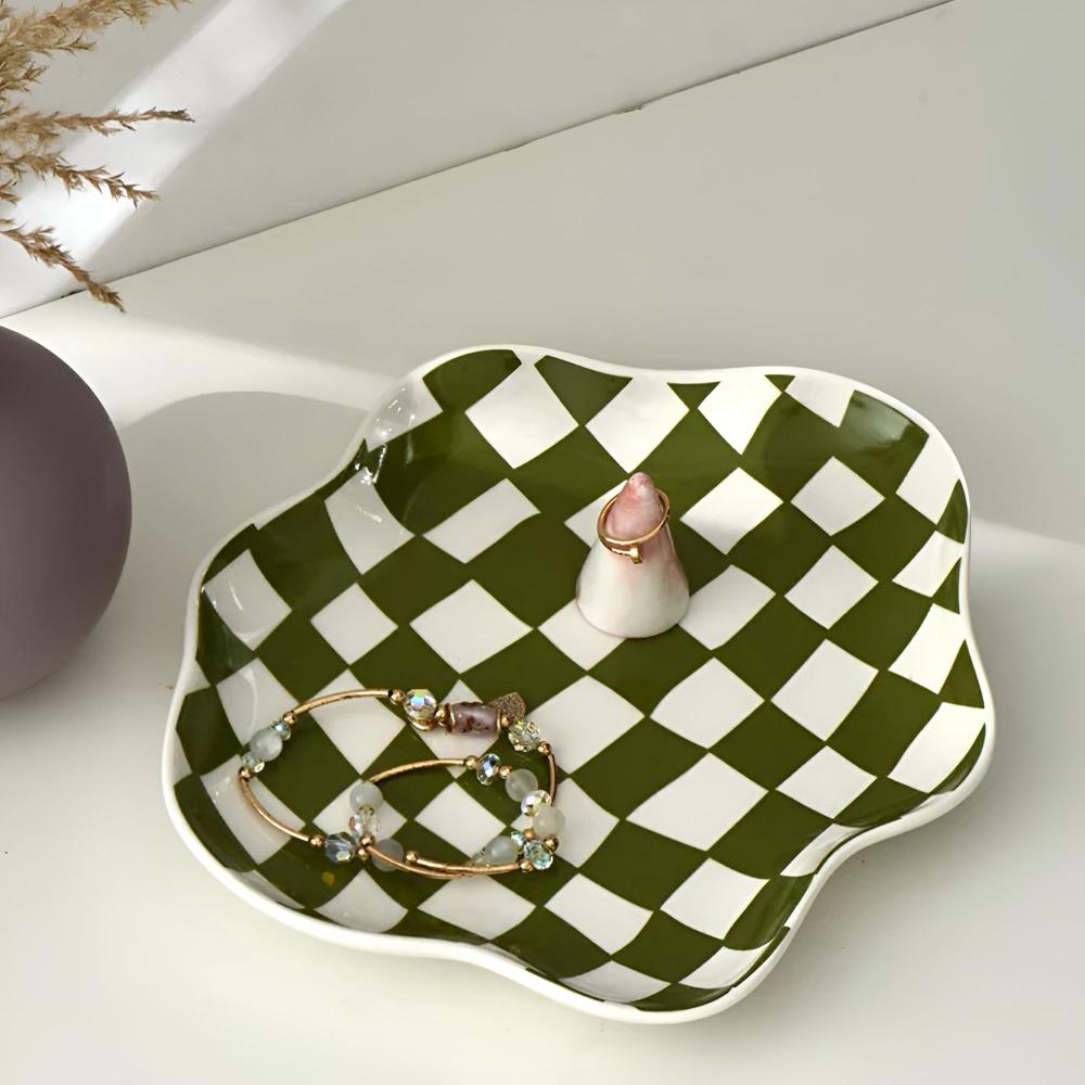 Trinket Plate Ceramic Checkered Jewelry Organizer