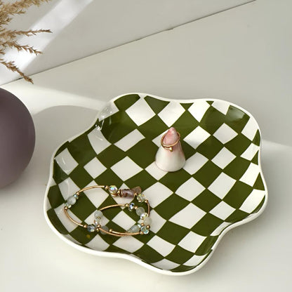 Trinket Plate Ceramic Checkered Jewelry Organizer