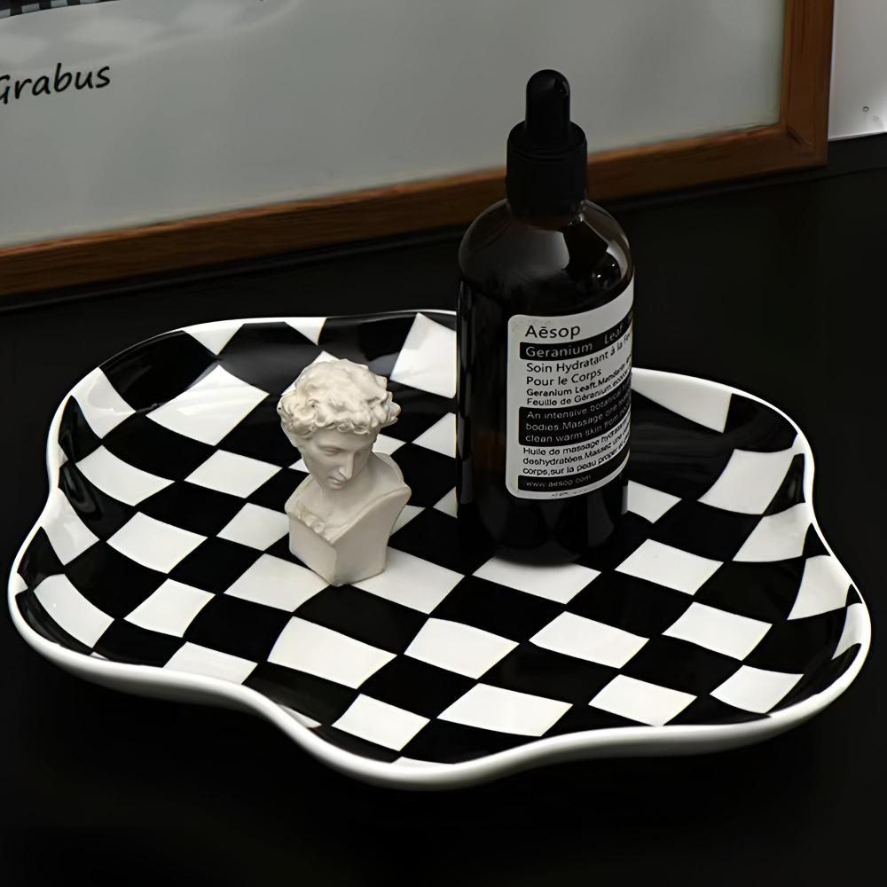 Trinket Plate Ceramic Checkered Jewelry Organizer