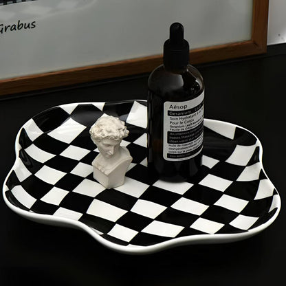 Trinket Plate Ceramic Checkered Jewelry Organizer