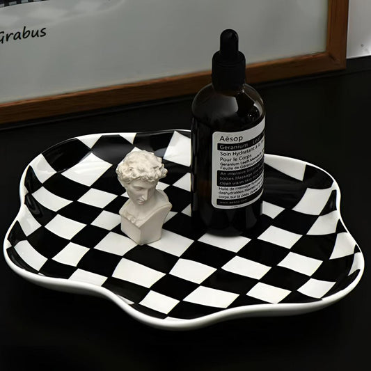 Trinket Plate Ceramic Checkered Jewelry Organizer
