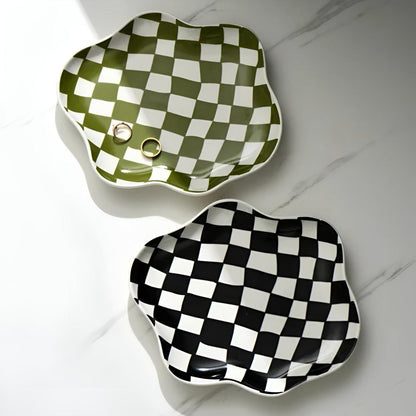 Trinket Plate Ceramic Checkered Jewelry Organizer