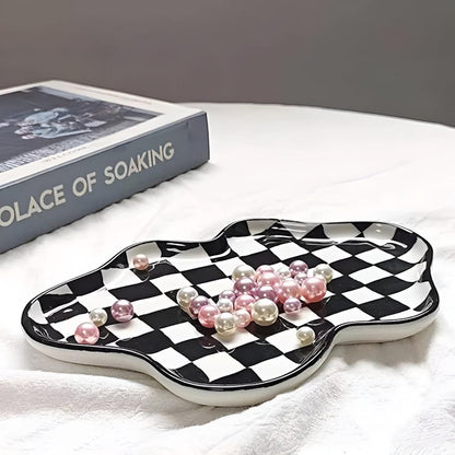 Trinket Plate Ceramic Checkered Jewelry Organizer