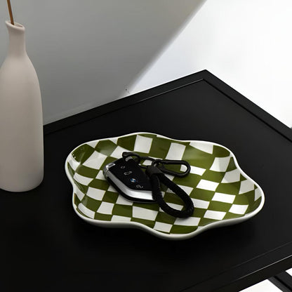 Trinket Plate Ceramic Checkered Jewelry Organizer