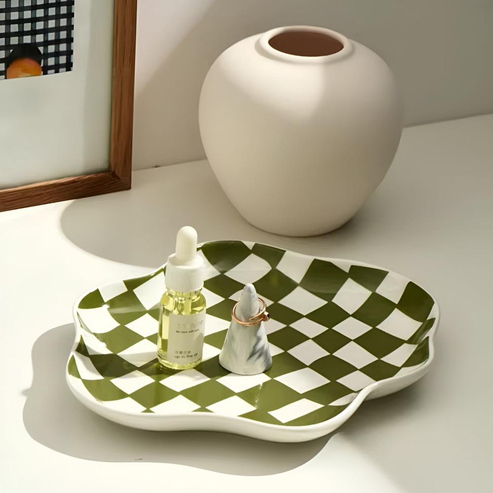 Trinket Plate Ceramic Checkered Jewelry Organizer