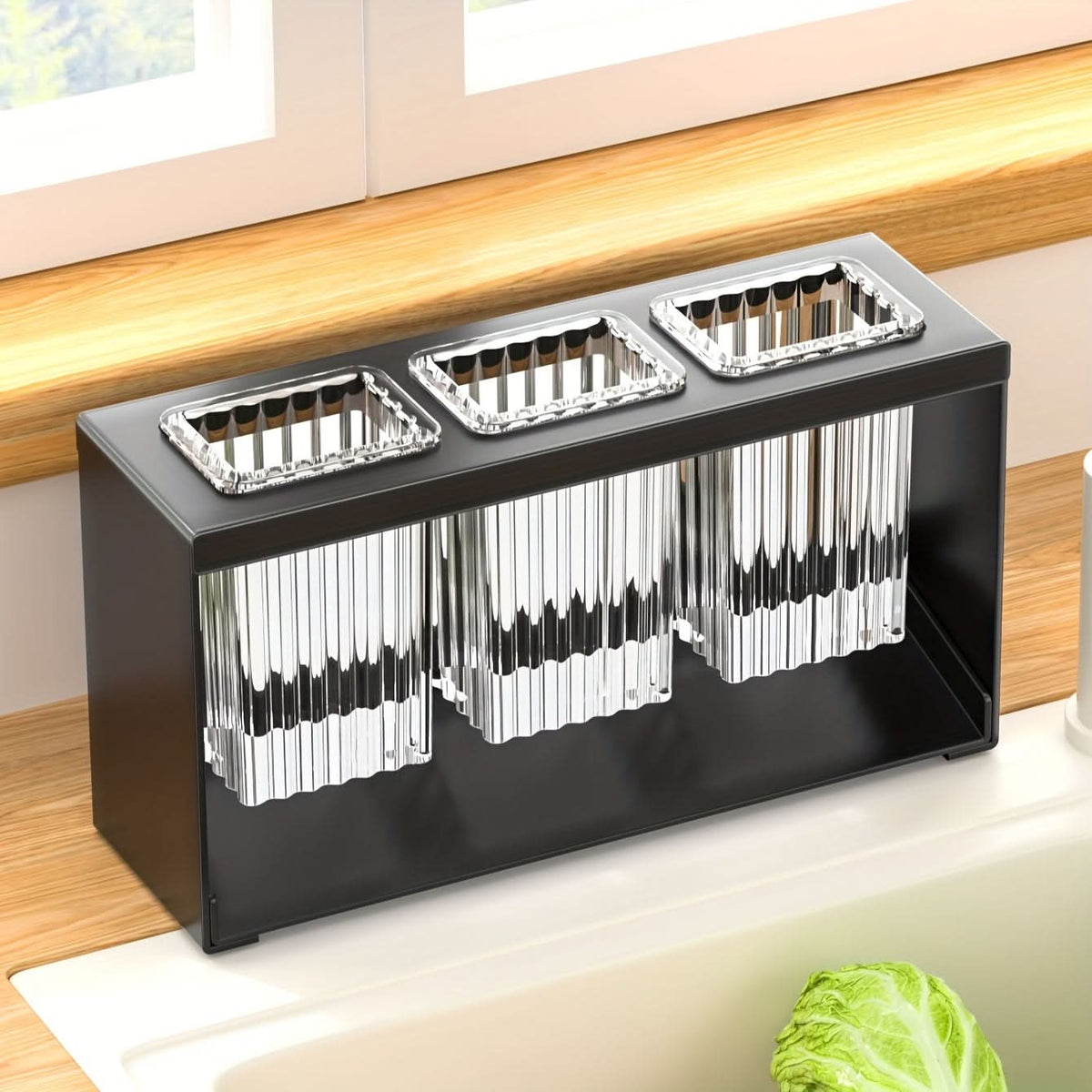 Utensil Holder 3 Cup Multi-Compartment Built-In Drain